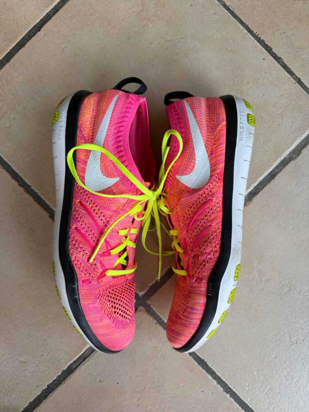 Like-new Nike Women’s Flyknit Running Shoes - Hot Pink with Neon Yellow Accents